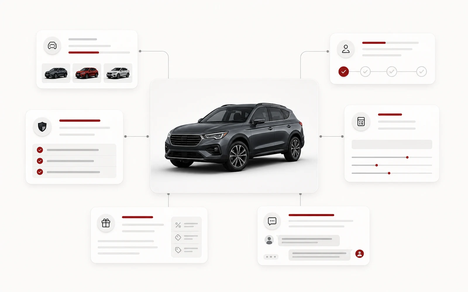 Illustration of a dealership website system connecting inventory, promotions, shopper conversations, and reporting